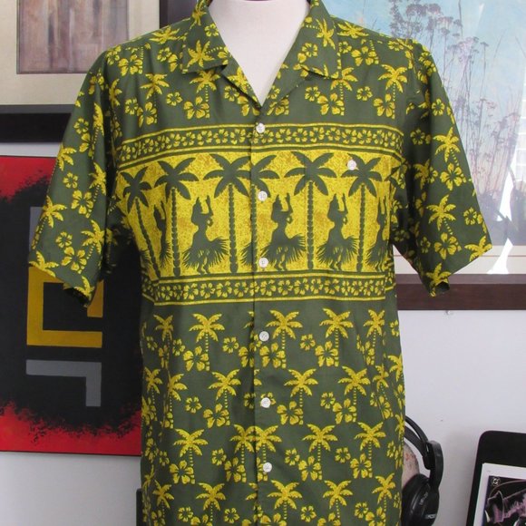 Vintage Ocean Pacific OP Hawaiian Shirt Green Palm Trees Women Dancing Large EUC - Picture 2 of 15